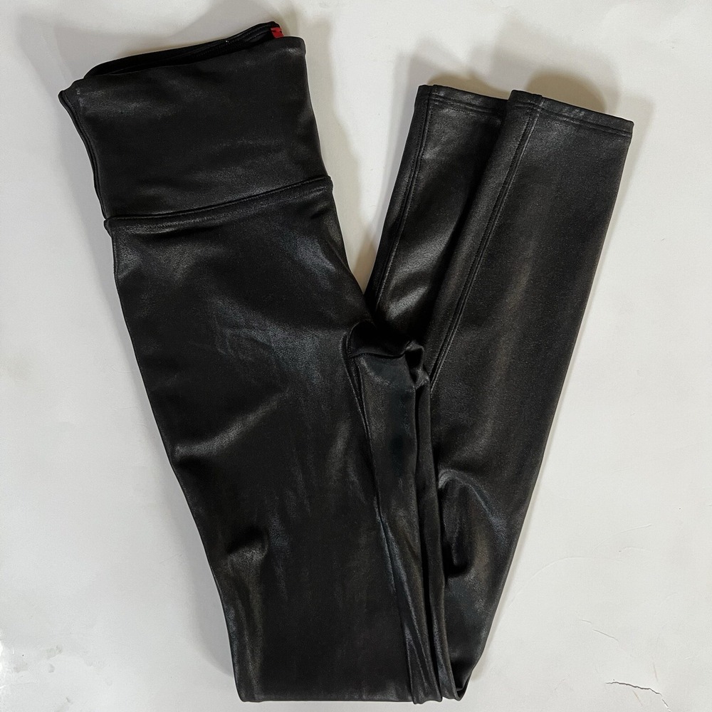 SPANX Black Faux Leather Shimmer Stretch Leggings Womens Size Small